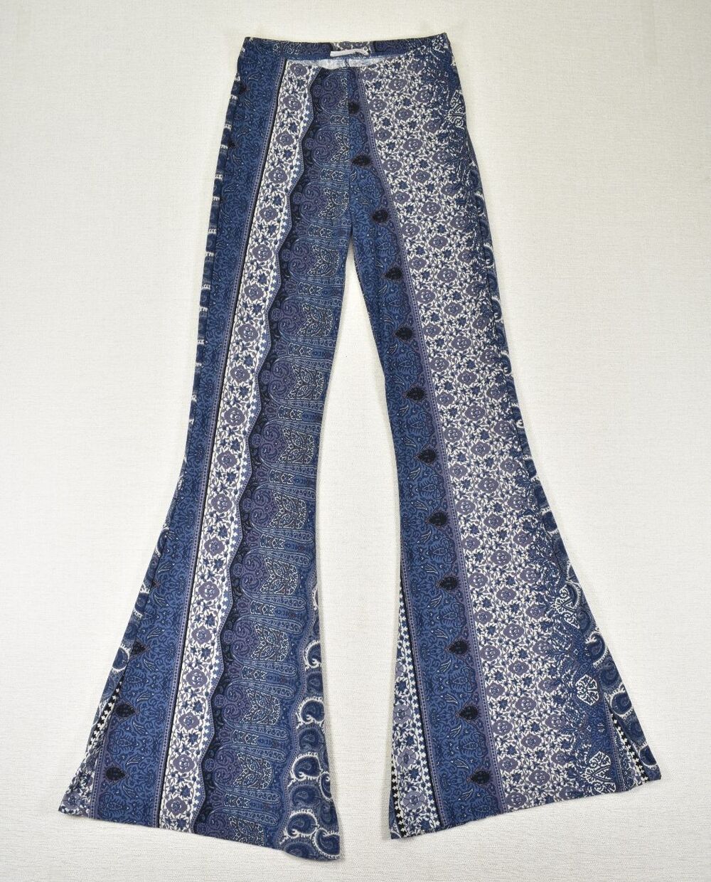 Honey Punch Paisley Flare Pants Womens Blue White Patchwork Print Bell Bottom XS